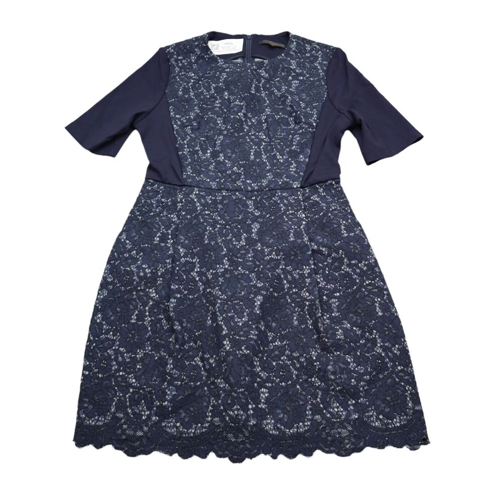 ISE Dress Womens M Blue Floral Lace Pleated Round Neck Short Sleeve Pencil Cut